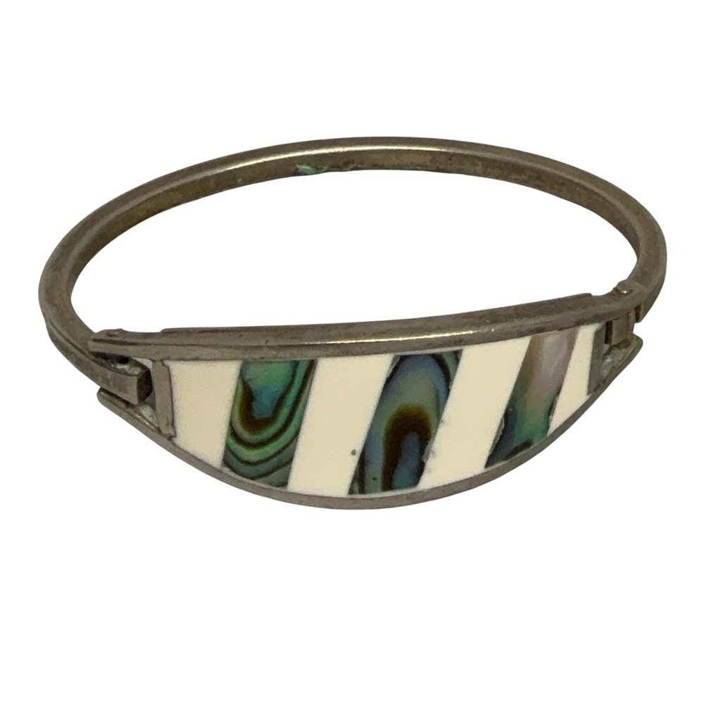 Alpaca Mexico Abalone Shell Inlay Bangle Bracelet Silver Tone Stripe Clasp